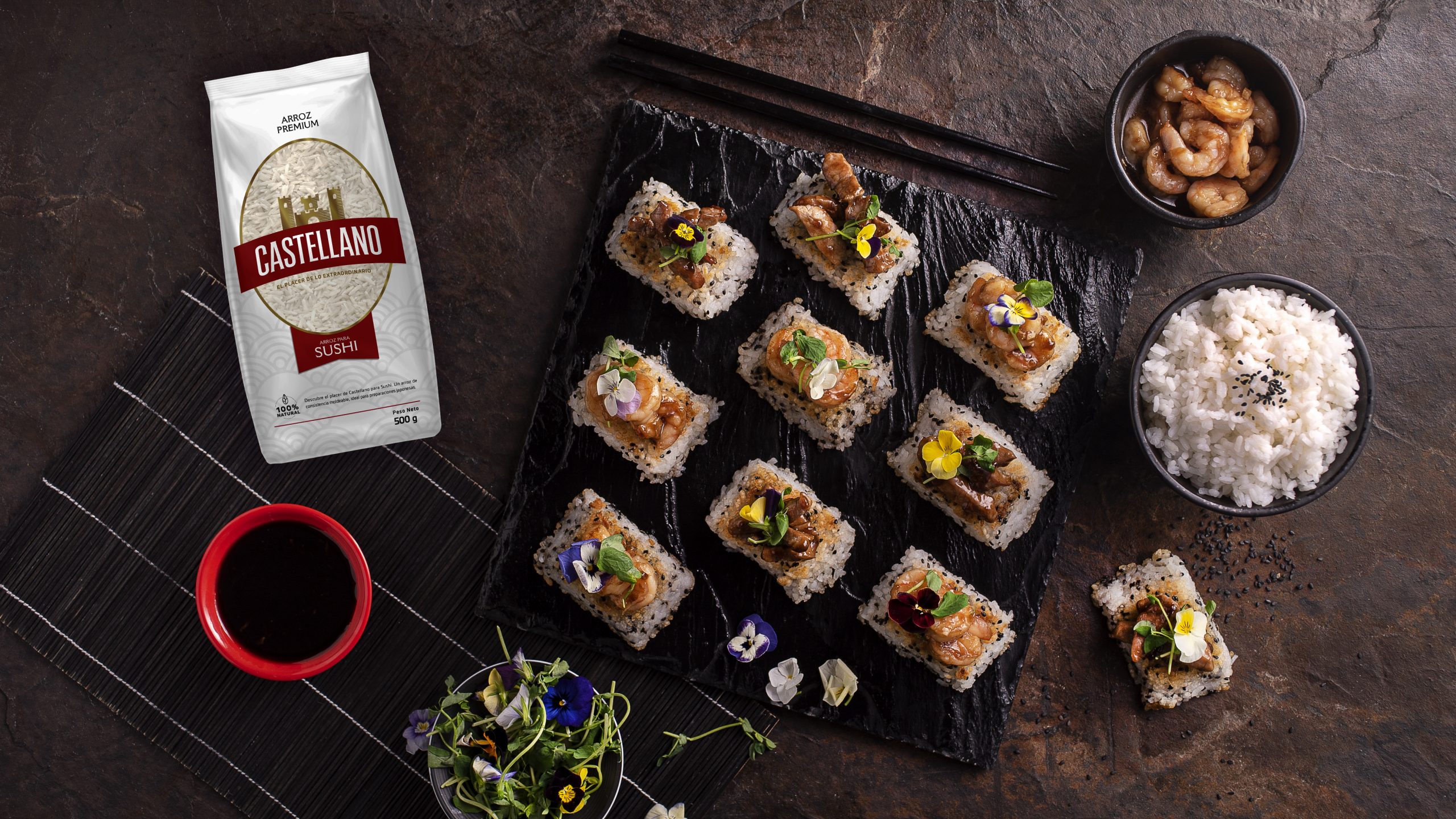 Montaditos en Arroz Crocante con Camarones/Cerdo Teriyaki